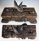 Antique H Carved Wood, Black Forest 12 3/4" Glove or Jewelry Box, Bird and Snail on Lid