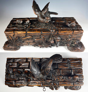 Antique H Carved Wood, Black Forest 12 3/4" Glove or Jewelry Box, Bird and Snail on Lid