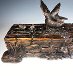 Antique H Carved Wood, Black Forest 12 3/4" Glove or Jewelry Box, Bird and Snail on Lid