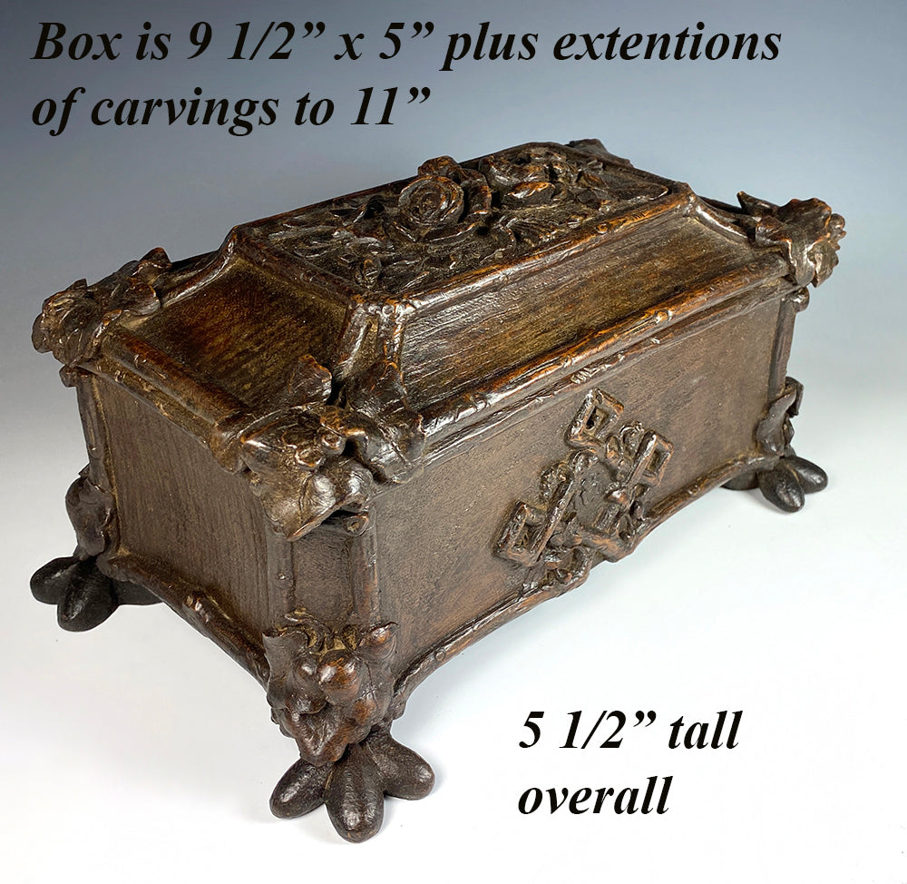 Antique N3, Victorian Era Carved Black Forest 11" Sewing or Vanity, Jewelry Box, Floral c.1850-60s