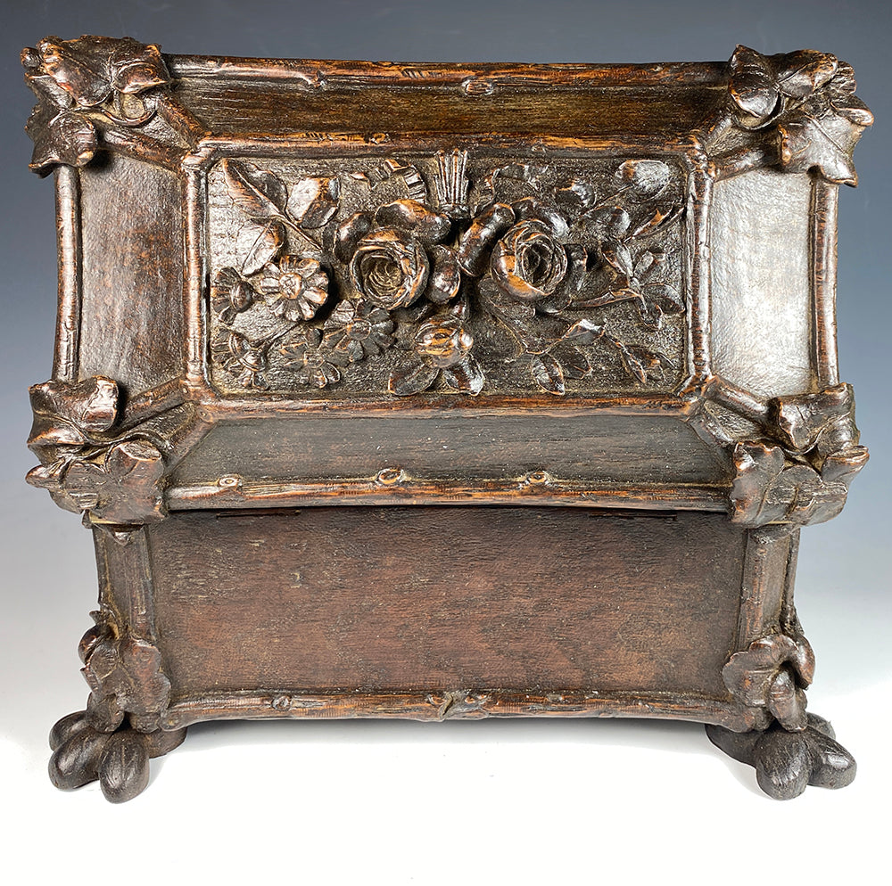 Antique N3, Victorian Era Carved Black Forest 11" Sewing or Vanity, Jewelry Box, Floral c.1850-60s