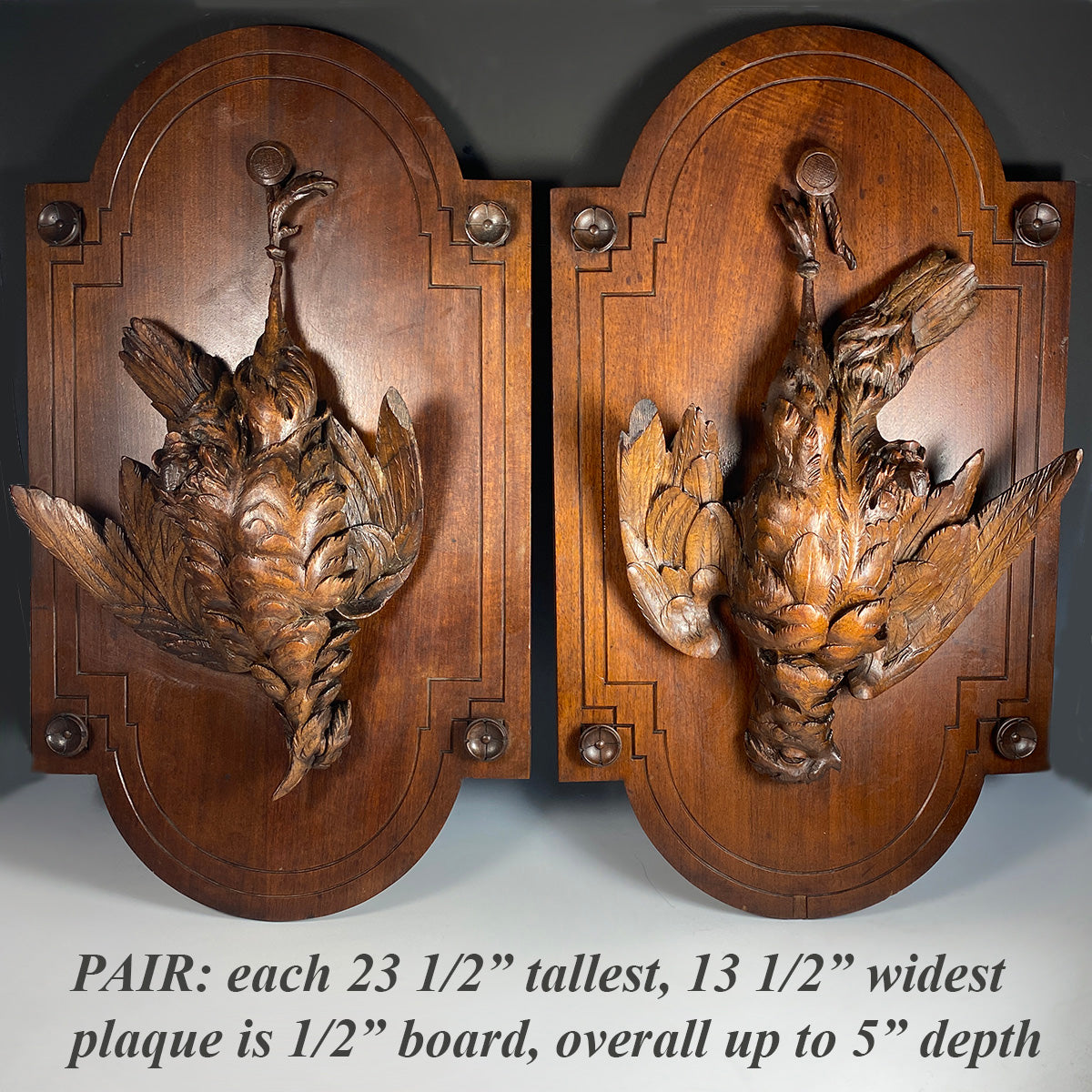 Fine Pair (2) Black Forest 23.5" x 13.5" Game Plaques, Game Birds Still Life, Nature Morte