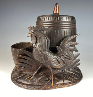 Antique Black Forest Rooster Figural Cigar or Smoker's and Watch Stand, Barrel and Match Holder