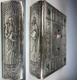 Antique French Jeweled Silver Plate Bible Cover, Christ in Bas Relief, Cabochons of Semi-precious Stone