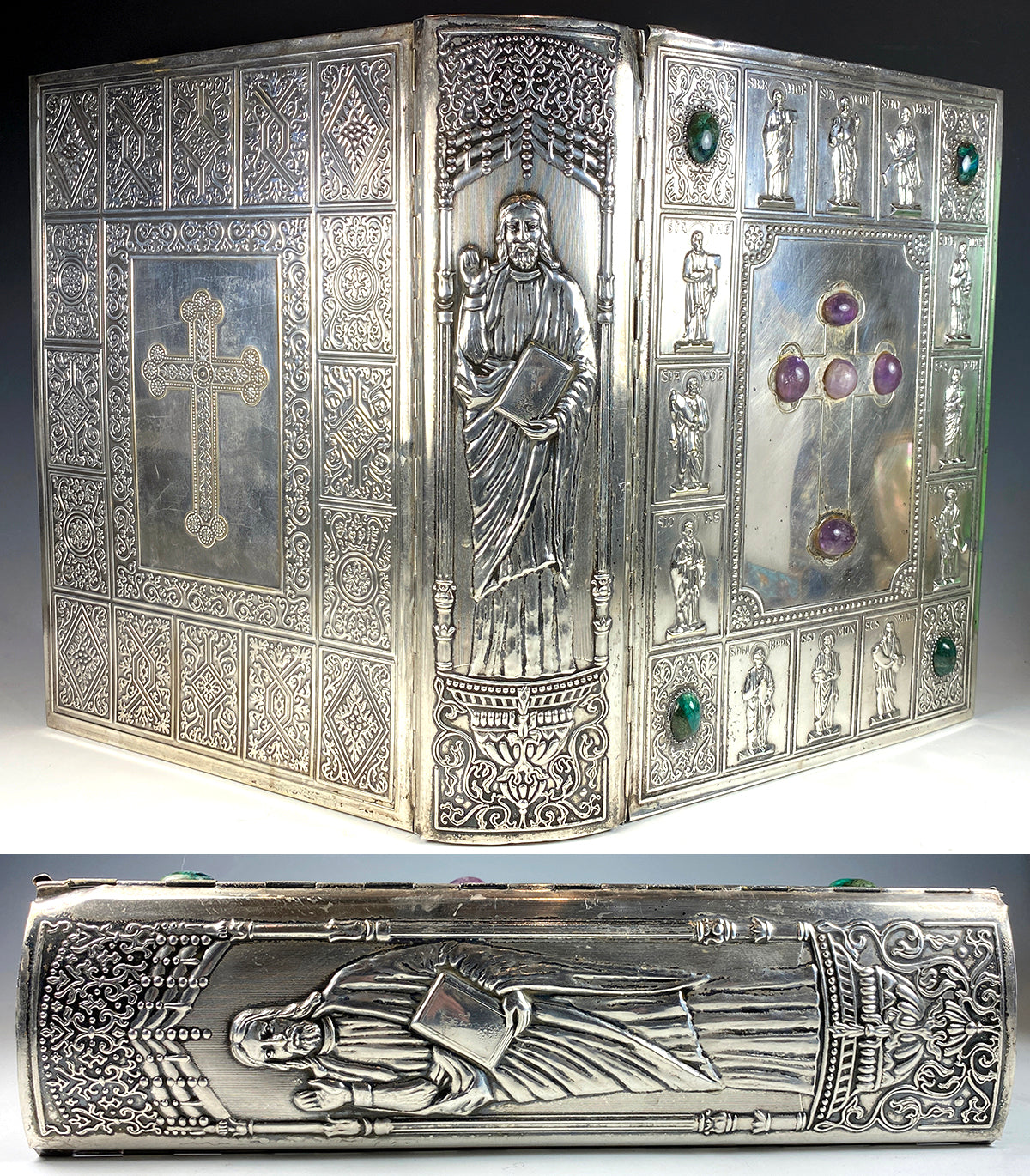Antique French Jeweled Silver Plate Bible Cover, Christ in Bas Relief, Cabochons of Semi-precious Stone
