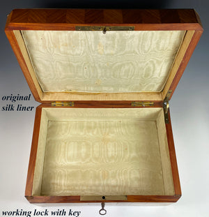 Superb Antique French Kingwood Parquet Jewelry or Dest Box, Mother of Pearl, Lock and Key