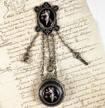 Antique Napoleon III French Kiln-fired Chatelaine Pocket Watch holder with Locket, Key, Wax Seal