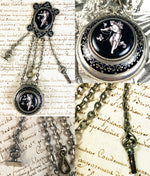 Antique Napoleon III French Kiln-fired Chatelaine Pocket Watch holder with Locket, Key, Wax Seal
