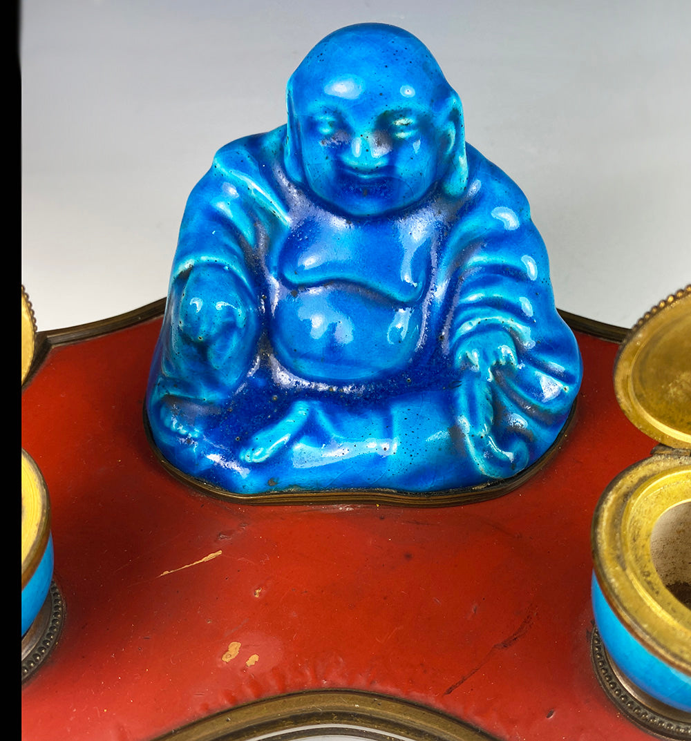 Mid-late 19th c. Old Paris Porcelain Chinoiserie Buddha Double Inkwell Pen Tray, Chinese Red & Turquoise, Napoleon III