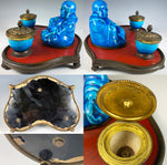 Mid-late 19th c. Old Paris Porcelain Chinoiserie Buddha Double Inkwell Pen Tray, Chinese Red & Turquoise, Napoleon III