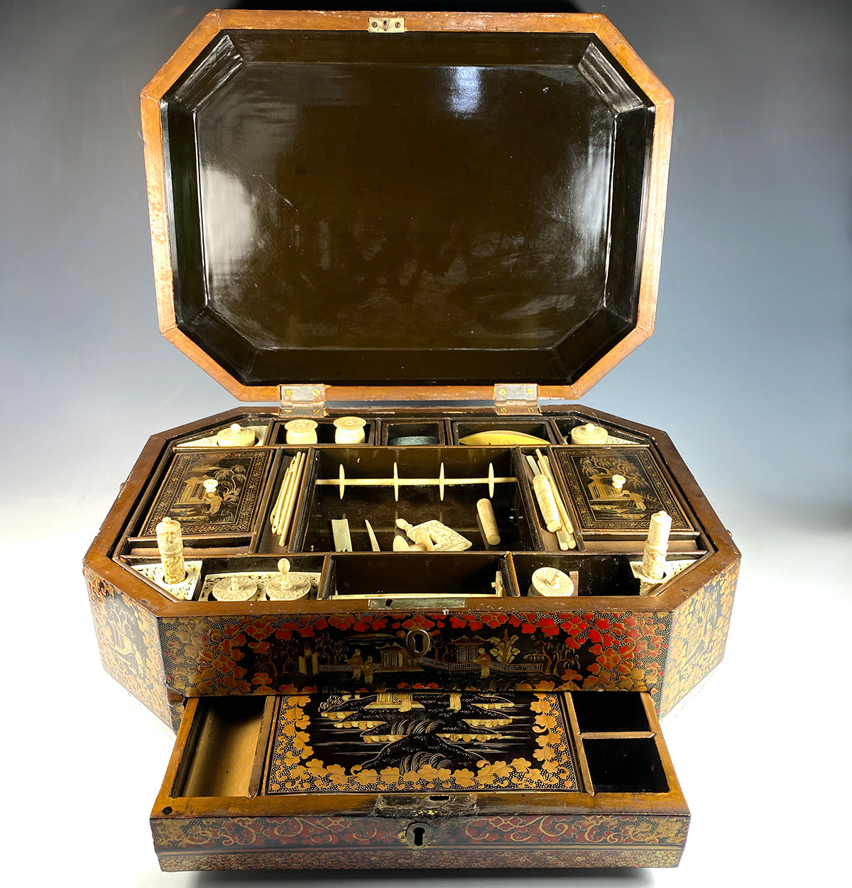 Fine Antique Chinese Lacquer 14.25" Sewing Box, Tools, Writer's Slop Desk Drawer - Victorian Era Asian Compendium