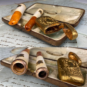 Antique French Set: Cigar and Cigarette/Cheroot Holder, Match Vesta, Amber, Meerschaum, Gold