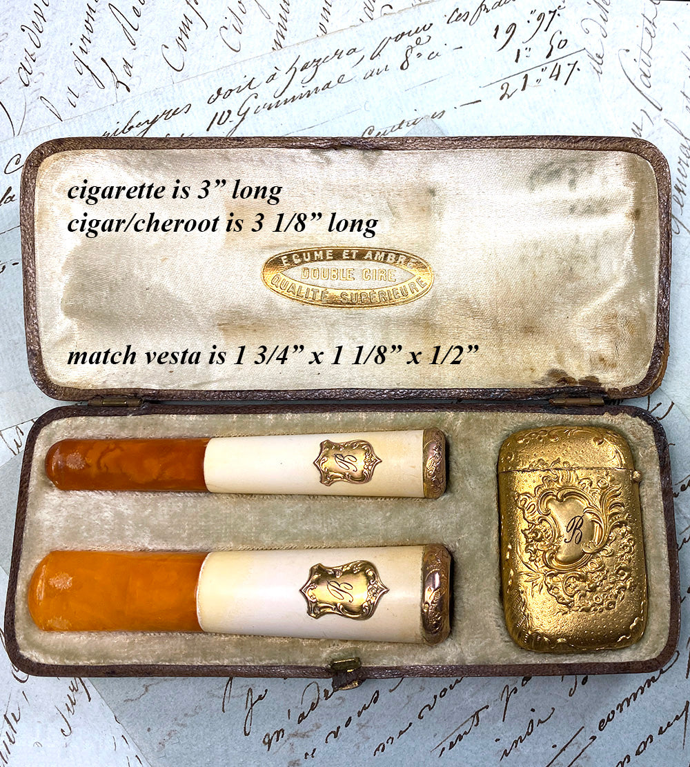 Antique French Set: Cigar and Cigarette/Cheroot Holder, Match Vesta, Amber, Meerschaum, Gold