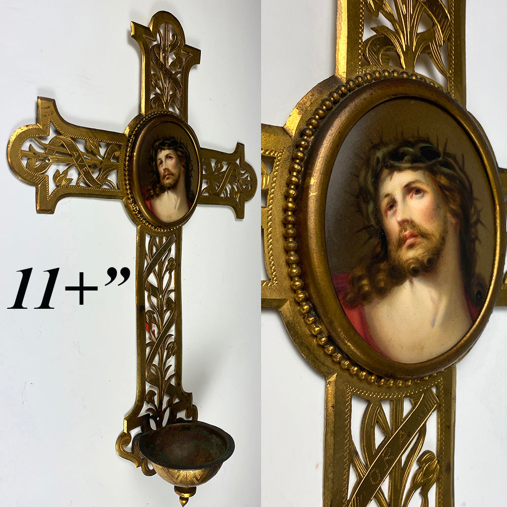 Antique French 11" Crucifix Holy Font, HP Portrait Miniature of Jesus Christ on Porcelain Plaque