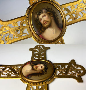 Antique French 11" Crucifix Holy Font, HP Portrait Miniature of Jesus Christ on Porcelain Plaque