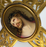 Antique French 11" Crucifix Holy Font, HP Portrait Miniature of Jesus Christ on Porcelain Plaque