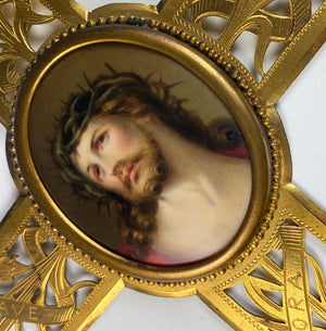 Antique French 11" Crucifix Holy Font, HP Portrait Miniature of Jesus Christ on Porcelain Plaque