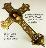 Antique French 11" Crucifix Holy Font, HP Portrait Miniature of Jesus Christ on Porcelain Plaque