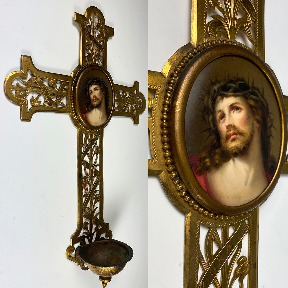 Antique French 11" Crucifix Holy Font, HP Portrait Miniature of Jesus Christ on Porcelain Plaque