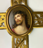 Antique French 11" Crucifix Holy Font, HP Portrait Miniature of Jesus Christ on Porcelain Plaque