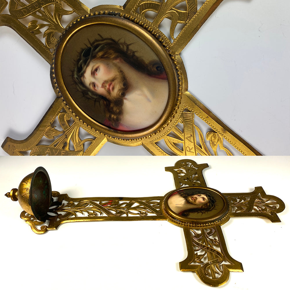 Antique French 11" Crucifix Holy Font, HP Portrait Miniature of Jesus Christ on Porcelain Plaque