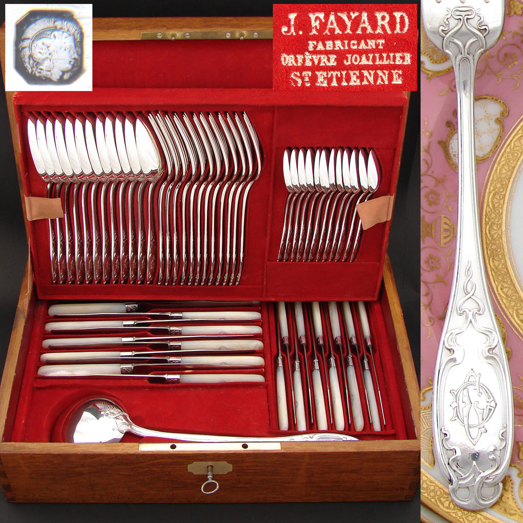 RARE Antique French Sterling Silver 60pc Flatware Set, 5pc for TWELVE with Ladle, Chest