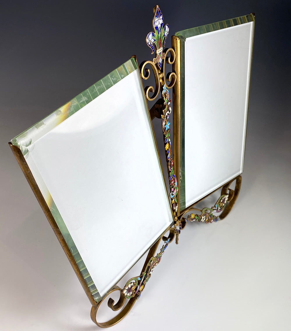 Fabulous Antique French Double Cabinet Card 10.5" Frame with Kiln-fired Champleve Enamel