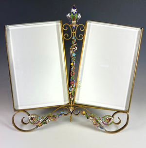 Fabulous Antique French Double Cabinet Card 10.5" Frame with Kiln-fired Champleve Enamel