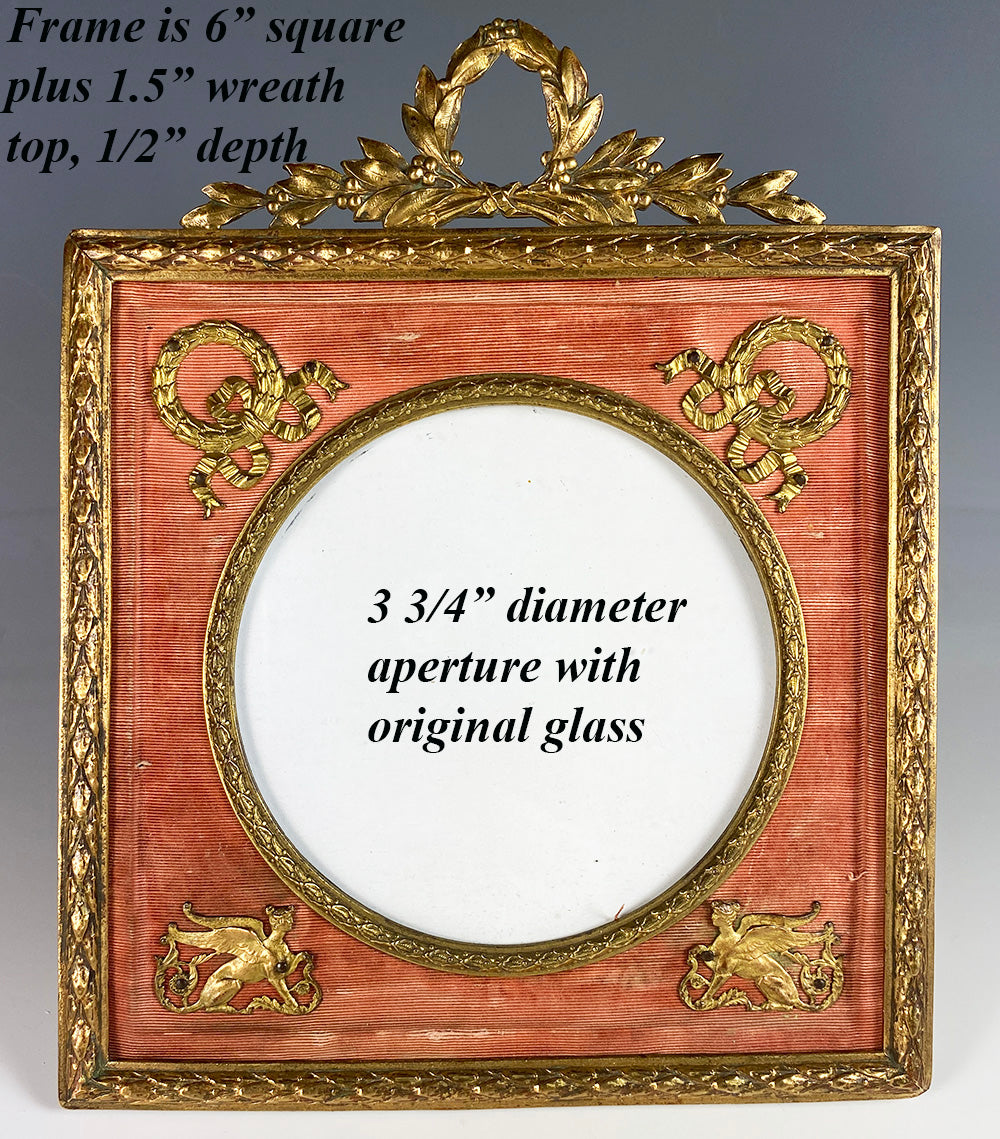 Antique French Empire 6" Frame, Wreath & Sphynx Applique on Silk, Napoleon III Era c.1850-70