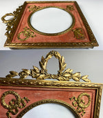 Antique French Empire 6" Frame, Wreath & Sphynx Applique on Silk, Napoleon III Era c.1850-70