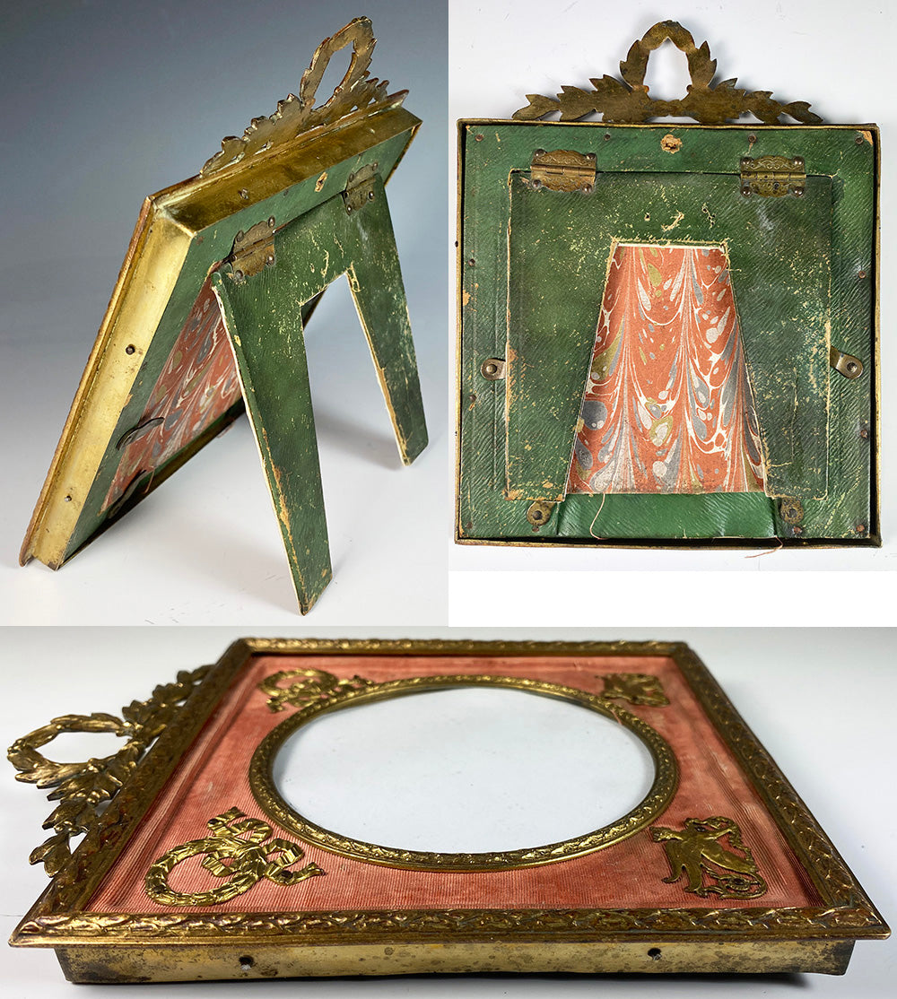 Antique French Empire 6" Frame, Wreath & Sphynx Applique on Silk, Napoleon III Era c.1850-70