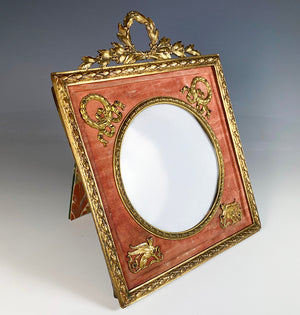 Antique French Empire 6" Frame, Wreath & Sphynx Applique on Silk, Napoleon III Era c.1850-70