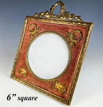 Antique French Empire 6" Frame, Wreath & Sphynx Applique on Silk, Napoleon III Era c.1850-70