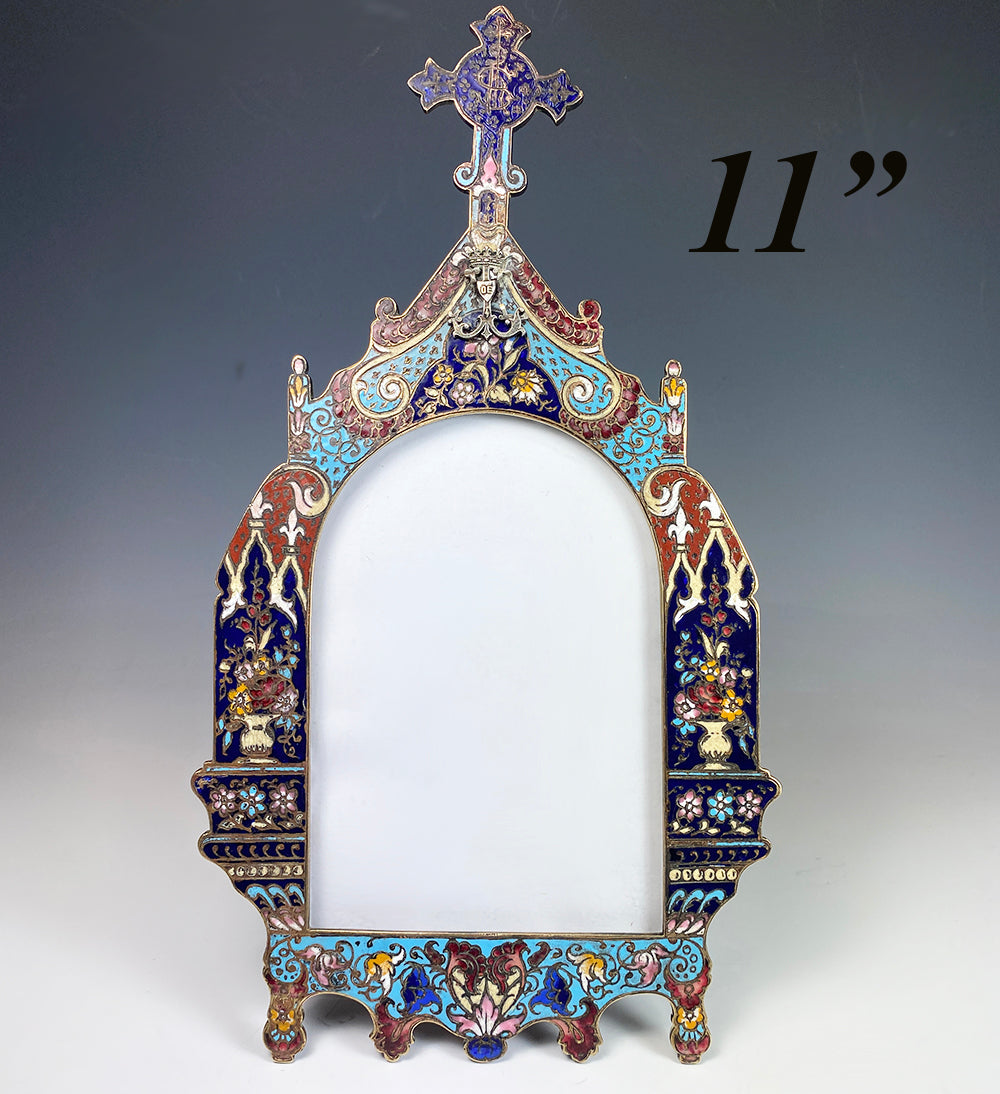 Fine Antique 11" Tall French Kiln-fired Cloisonne or Champleve Enamel Frame, 25th Anniversary of Ordination, Lourdes