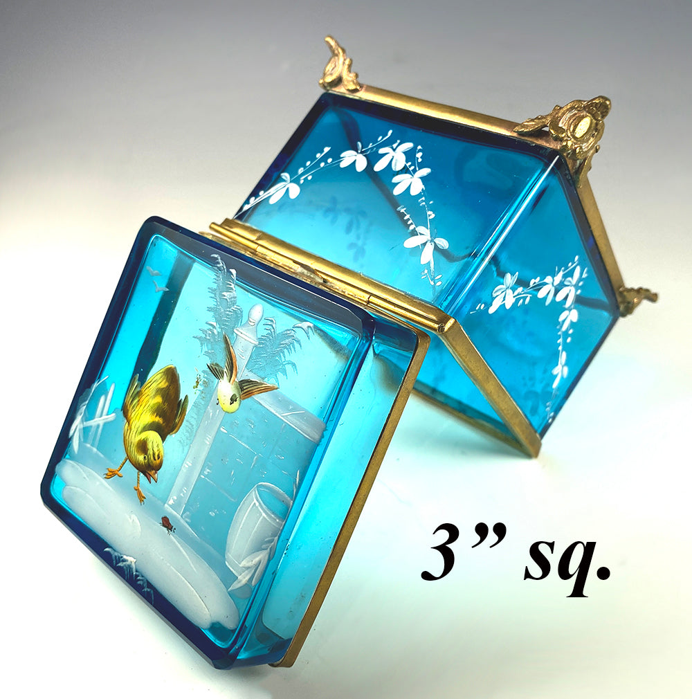 Antique 19th c. Electric Blue Bohemian Glass Box, Enameled w Birds, Bugs, Jewelry Casket