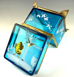 Antique 19th c. Electric Blue Bohemian Glass Box, Enameled w Birds, Bugs, Jewelry Casket