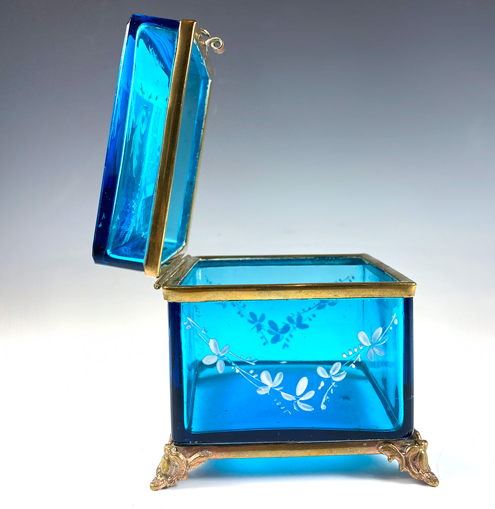 Antique 19th c. Electric Blue Bohemian Glass Box, Enameled w Birds, Bugs, Jewelry Casket