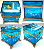 Antique 19th c. Electric Blue Bohemian Glass Box, Enameled w Birds, Bugs, Jewelry Casket