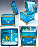 Antique 19th c. Electric Blue Bohemian Glass Box, Enameled w Birds, Bugs, Jewelry Casket