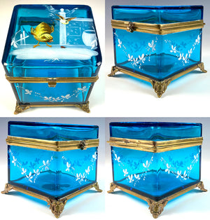 Antique 19th c. Electric Blue Bohemian Glass Box, Enameled w Birds, Bugs, Jewelry Casket