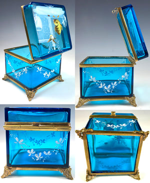 Antique 19th c. Electric Blue Bohemian Glass Box, Enameled w Birds, Bugs, Jewelry Casket