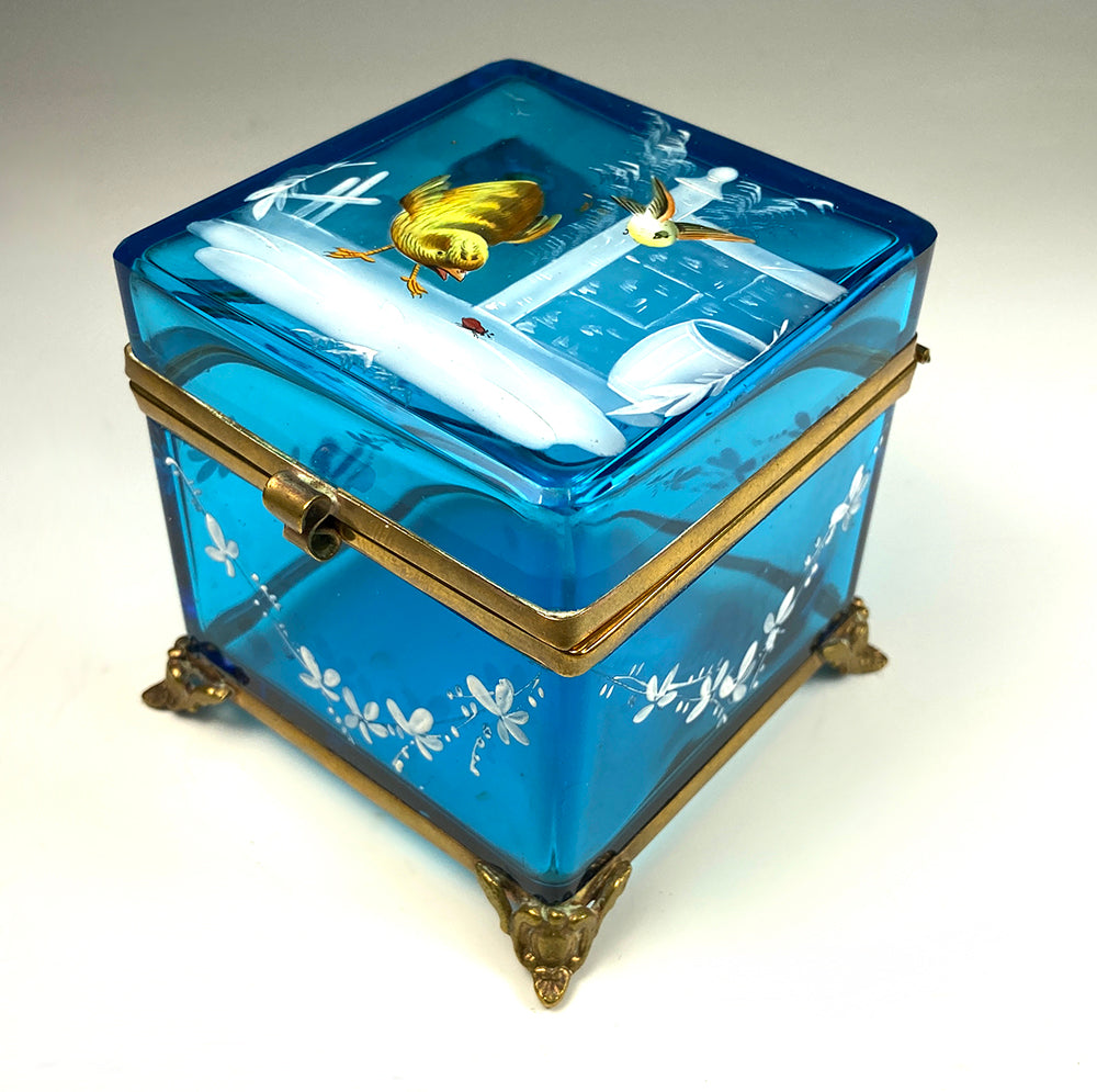 Antique 19th c. Electric Blue Bohemian Glass Box, Enameled w Birds, Bugs, Jewelry Casket