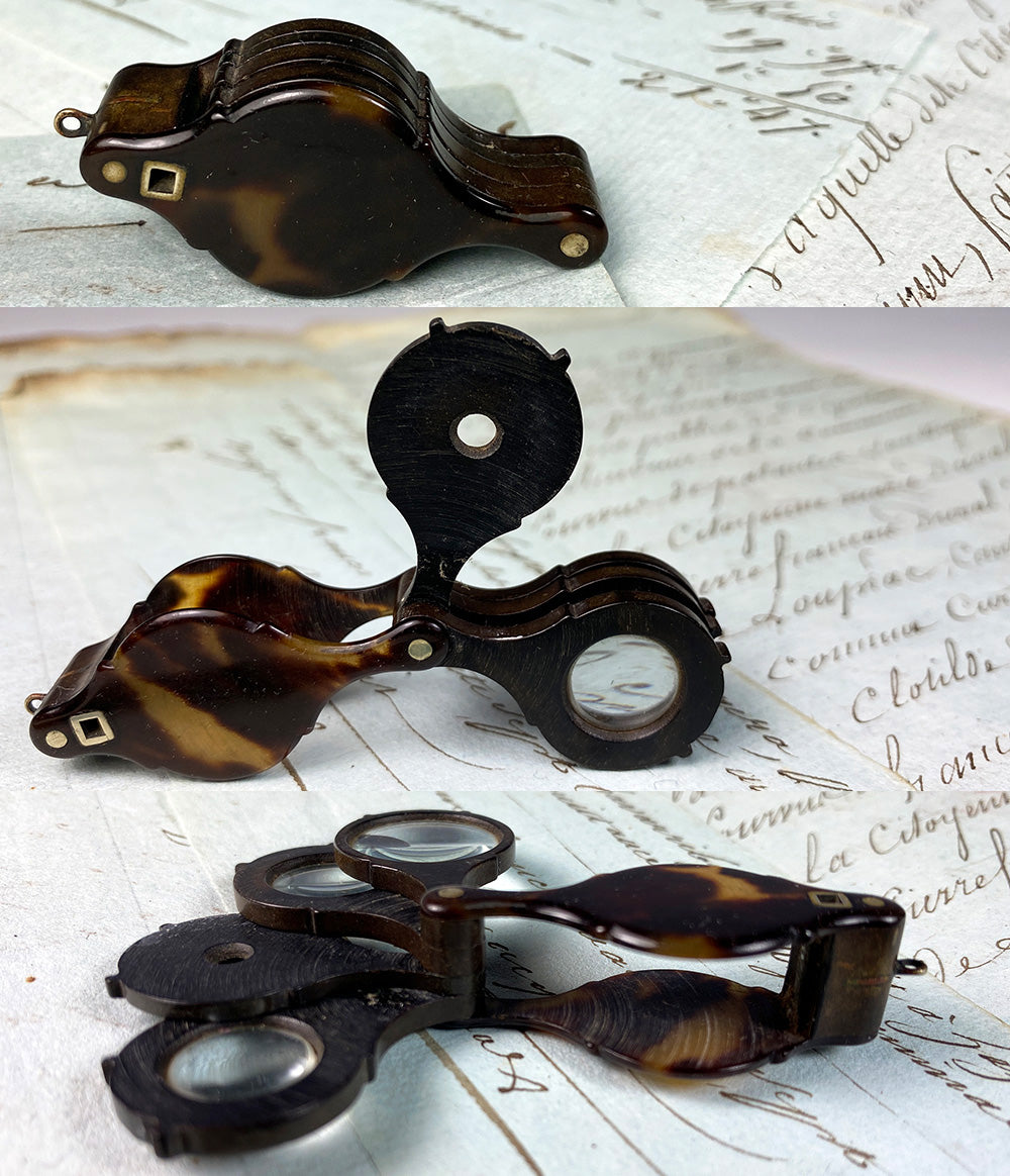 Antique French 4-Section Jeweler's Loupe, Napoleon III, 19th c. Tortoise Shell Pendant