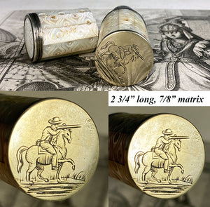 Antique French Sterling Silver and Mother of Pearl Wax Seal and Sealing Wax Etui, Horse Soldier Matrix