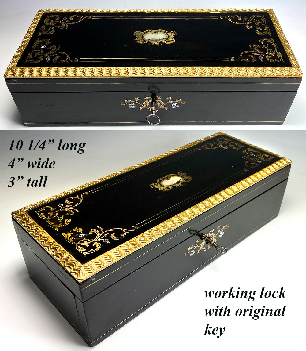 Antique French Napoleon III Ebonized Glove Box, Elaborate Edge and Boulle, Lock w Key