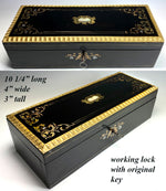 Antique French Napoleon III Ebonized Glove Box, Elaborate Edge and Boulle, Lock w Key