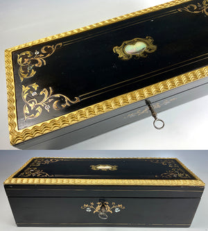 Antique French Napoleon III Ebonized Glove Box, Elaborate Edge and Boulle, Lock w Key