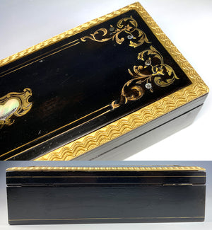 Antique French Napoleon III Ebonized Glove Box, Elaborate Edge and Boulle, Lock w Key