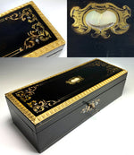 Antique French Napoleon III Ebonized Glove Box, Elaborate Edge and Boulle, Lock w Key