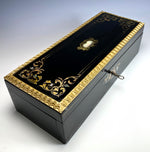 Antique French Napoleon III Ebonized Glove Box, Elaborate Edge and Boulle, Lock w Key